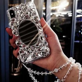 Mirror Glitter Bling Women/Lady Diamond Crystal Back Phone Rubber Wristband Case
