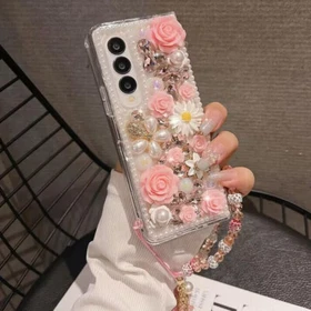 Women Flower Mirror 3D Crystal Rhinestone Diamond Wrist Strap Back Phone Case