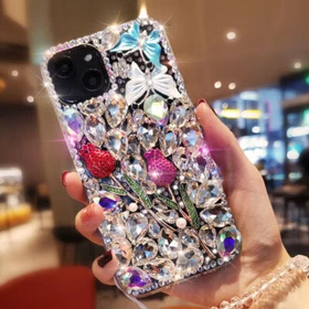 Flower Women/Girl Rhinestone Bling Glitter Diamond Rubber Clear Back Phone Case