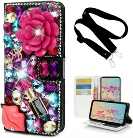 Crossbody Women PU Leather Sparkle Bling Diamond Card Magnetic Flip Wallet Case
