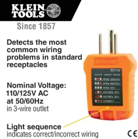 RT110 KLEIN TOOLS Receptacle Tester North American Ac Outlet #3